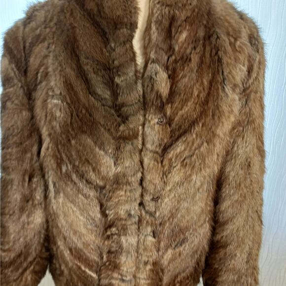 Abraham & Strauss Mink Fur Coat Sz Small BROWN Chevron Jacket Thick Boxy Formal - Picture 11 of 14